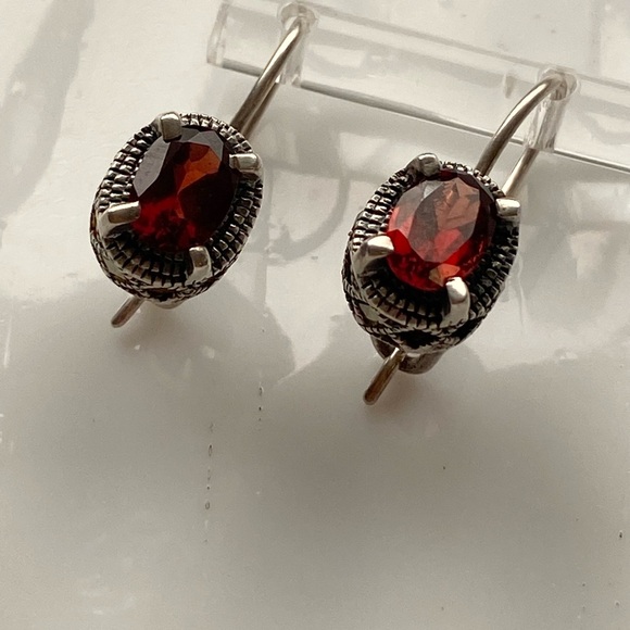 Red Garnet and Marcasite hook back Earrings - Picture 3 of 5